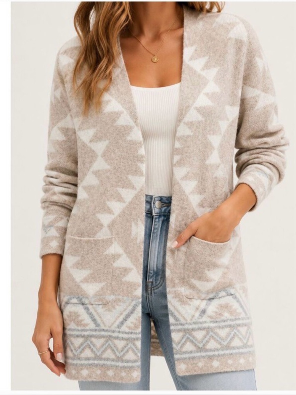 FRYE Southwestern Aztec Open Front Cardigan Beige Cream Long Sleeve Pockets